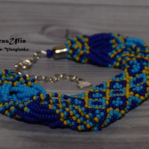 Blue yellow beaded bracelet,costume bracelet,round bracelet ukrainian bracelet Ukrainian ornament Ukrainian pattern Ethnic jewelry