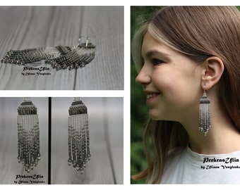 Gray transparent bead Earrings gray chandelier Earrings trend Earrings beautiful Seed bead earrings Boho earrings Fringe Dangle earrings