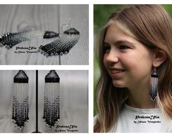 Black transparent bead Earrings gray chandelier Earrings trend Earrings beautiful Seed bead earrings Boho earrings Fringe Dangle earrings