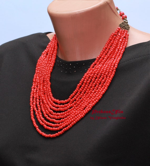 Red necklace nine strands, bronze accessories necklace for embroidery dress a gift to a friend of a sister's girlfriend