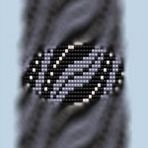 May include: A gray and black patterned tie with a white and black beaded design.
