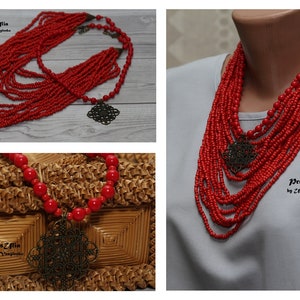 Coral Seed beads Double necklace Traditional Ukrainian Handmade necklace Beaded With 15+1 Strands with pendants  Red Coral necklace gift her
