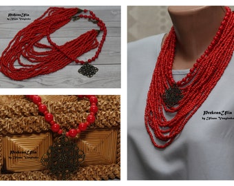 Coral Seed beads Double necklace Traditional Ukrainian Handmade necklace Beaded With 15+1 Strands with pendants  Red Coral necklace gift her