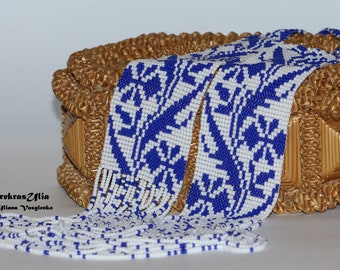 Collar ucraniano Gerdan azul y blanco, joyería folclórica con cuentas.