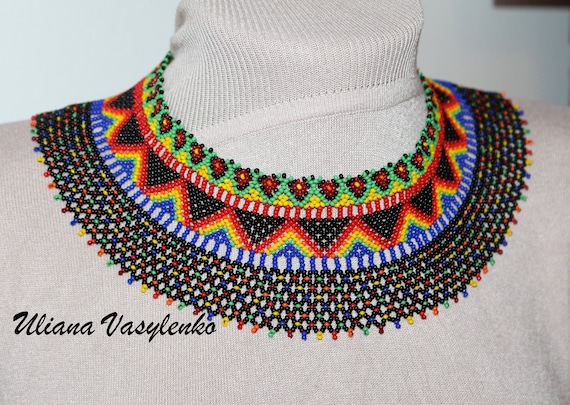 Rainbow Beaded Choker Necklace: Huichol Art Mexican Folk Jewelry