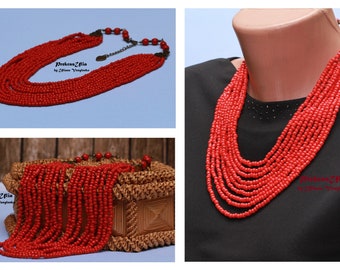 Red necklace nine strands, bronze accessories necklace for embroidery dress a gift to a friend of a sister's girlfriend