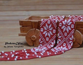 Red & White Seed Bead Gerdan Necklace, Ukrainian Folk Jewelry