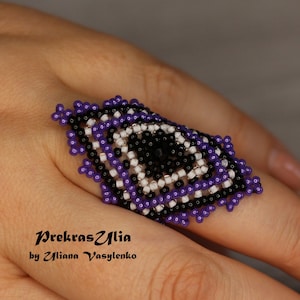 Violet huichol beaded ring, ring band,ring for women,Modern ring band,Wide statement ring band,Seed bead jewelry,Peyote ring Flat band