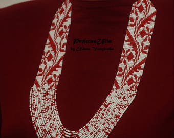 Gerdan de cuentas de semillas ucranianas Regalo para ella Gerdan circular Rojo blanco Joyería tradicional ucraniana Collar de cuentas de vidrio Gerdan largo