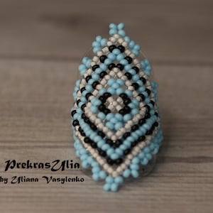 Huichol Beaded Ring: Blue White Seed Bead Statement Band