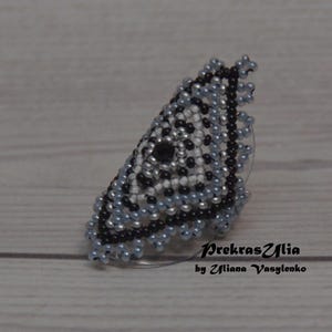Gray Huichol Beaded Ring: Wide Seed Bead Statement Band