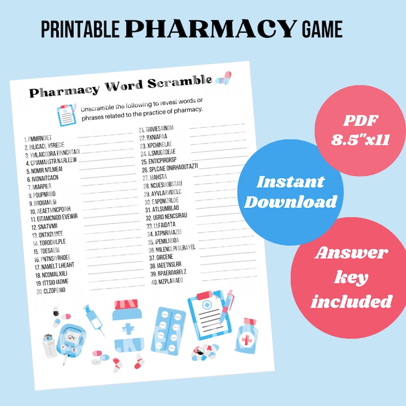 PHARMACY WORD SCRAMBLE Printable. Healthcare Workplace Game. Pharmacy