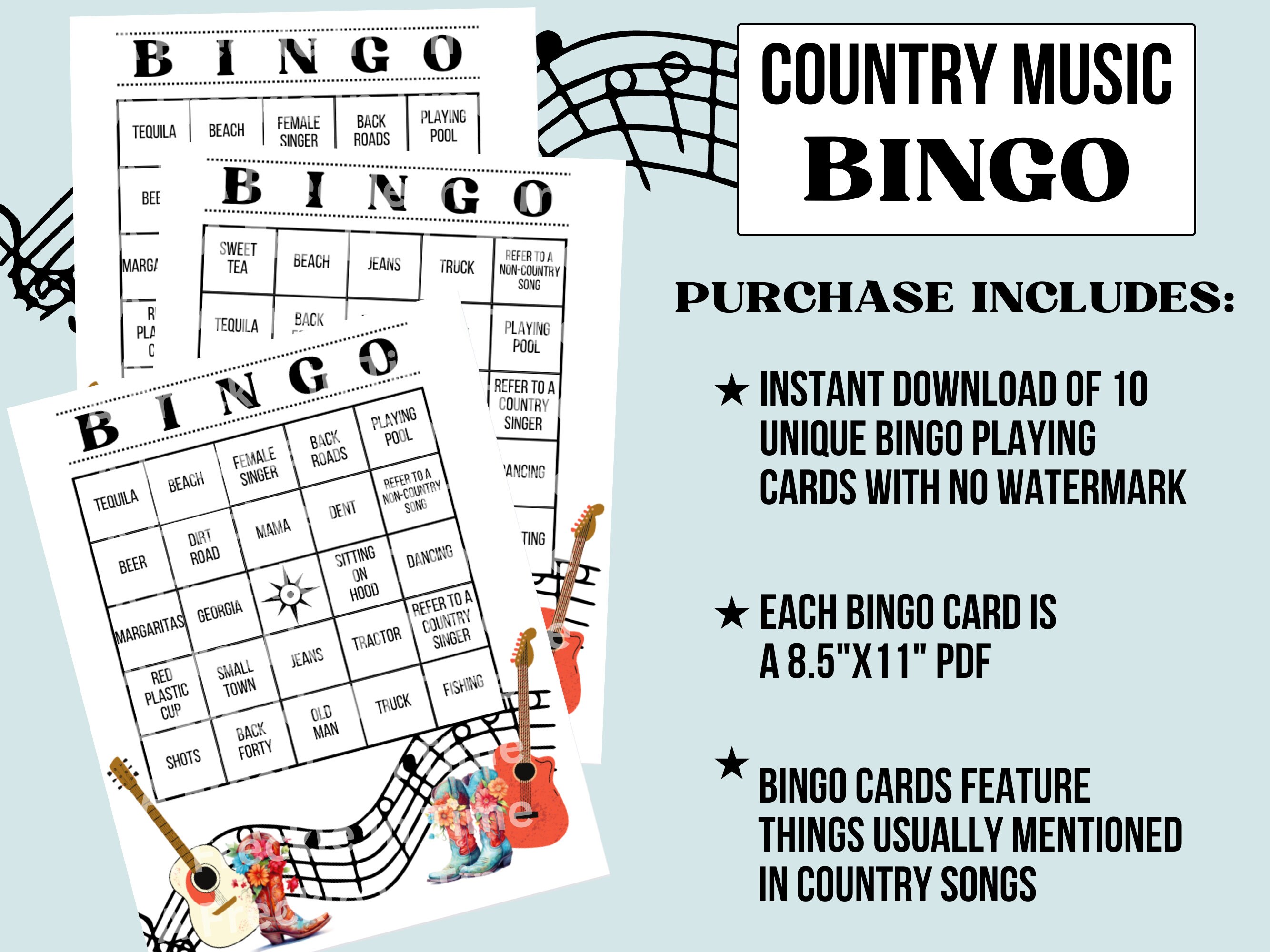 COUNTRY MUSIC BINGO Printable Game - Western Party & Road Trip Activity ...