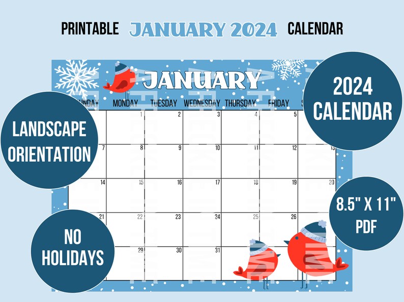 Cute January 2024 Printable Monthly Calendar. Landscape Orientation