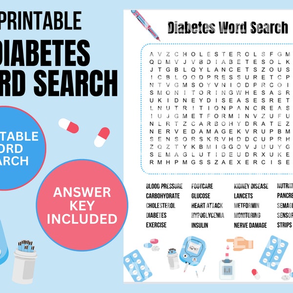 DIABETES WORD SEARCH Printable Game for Patients, Nurses, Doctors, Pharmacists, Pharmacy Technicians, Diabetes Educators. Healthcare Fun!