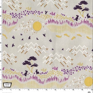 May include: A gray fabric with a repeating pattern of mountains, birds, flowers, and a sun. The pattern is in shades of purple, gold, and white.