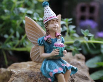 Fairy Garden Birthday Fairy Figurine with Party Hat and Cupcake ~ Miniature Fairies for Garden ~ Fairy Garden Supplies & Accessories