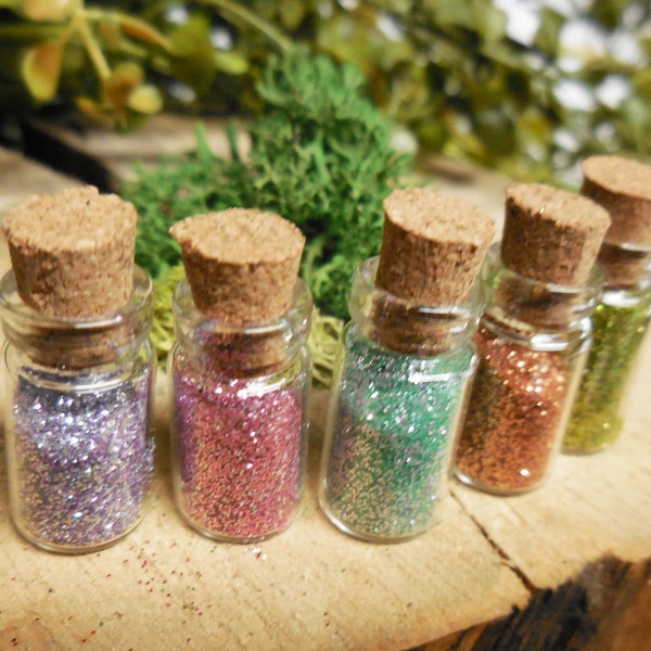 Rainbow Fairy Dust Glass Bottles ~ Pixie Dust Corked Glass Bottles Filled w/ Glitter ~ Tiny Wish Bottle ~ Fairy Garden Accessory & Supplies