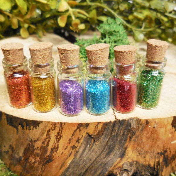 1" Rainbow Fairy Dust Bottles 6 PC Set ~ Miniature Pixie Dust & Potion Bottles ~ Fairy Garden Supply ~ Dollhouse Magic Miniatures