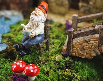 MICRO Garden Gnome Enjoying Coffee on &#39;Wood&#39; Chair ~ Enchanted Woodland Forest Fairy Garden, Mini Gardening, Diorama & Terrarium Accessories