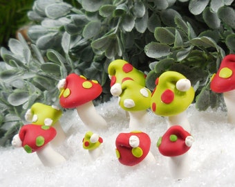 8 PC Mini Santa Hat Mushroom Picks ~ Winter Fairy Garden & Dollhouse Accessories ~ Christmas Diorama Miniatures and Craft Supplies