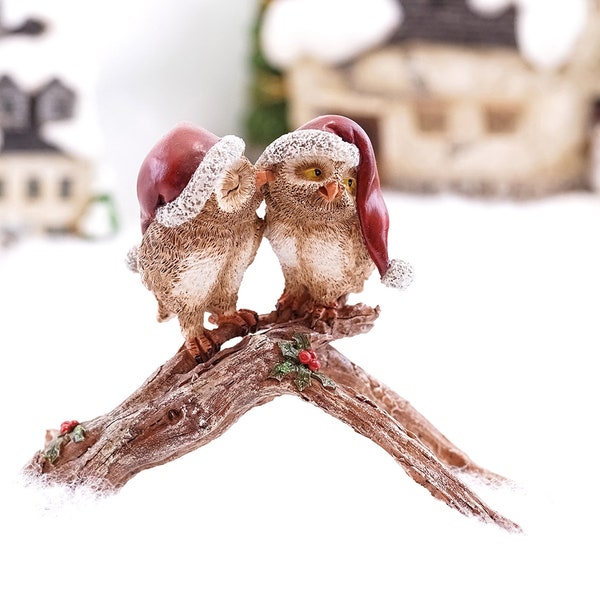 Miniature Snowy Owls Smooching near Mistletoe ~ Christmas Fairy Garden Figurines ~ Holiday Home, Garden or Party Decor