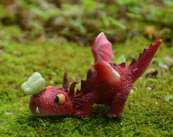 Miniature Red Winged Dragon w/ Butterfly Figurine ~ Fairytale Fairy Garden, Terrarium & Dollhouse Accessories ~ Mythical Animals for Diorams