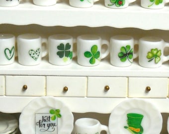 Miniature Shamrock & Leprechaun Themed Coffee Mugs ~ St. Patrick's Day Dollhouse or Fairy Gardens Kitchen Dishware ~ Luck of Irish Dioramas