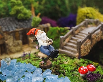 MICRO Garden Gnome Holding Bird Nest on Wood Stool ~ Enchanted Woodland Forest Fairy Garden, Mini Gardening, Diorama & Terrarium Accessories