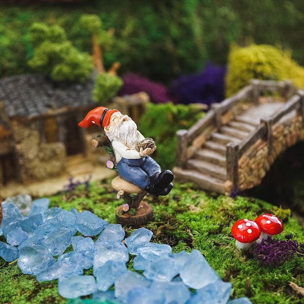 TINY Garden Gnome on Stool w/ Bird's Nest ~ Fairy Garden Accessories & Supplies ~ Miniature Gardening Figurines ~ Gnome Home or Party Decor