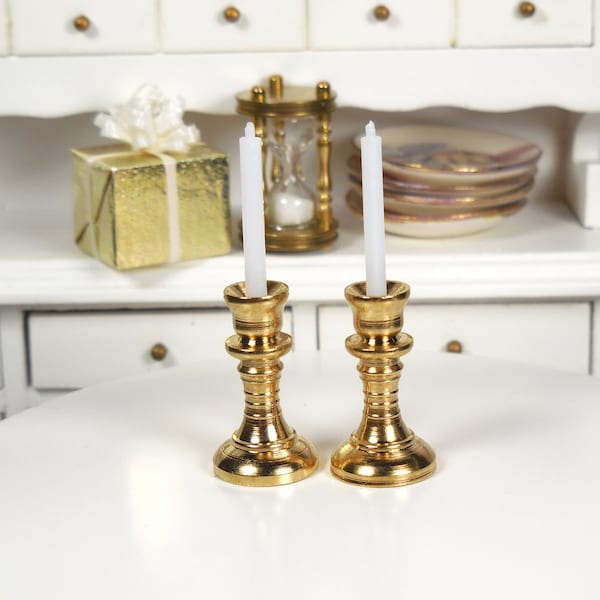Miniature White Candles Stick w/ Antiqued Brass Holders ~ Fairy Garden & Dollhouse Accessories