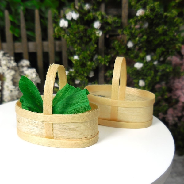 Miniature Rustic Balsic Wood Baskets w/ Paper Grass ~ Spring Fairy Garden & Dollhouse Accessories ~ Easter Diorama Craft Supplies