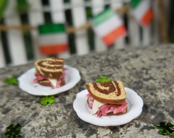 Miniature Corned Beef Rueben Half Sandwich on Plate ~ St. Patrick's Day Fairy Garden & Dollhouses ~ Leprechaun Trap Accessories