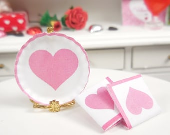 4 PC Mini Pink Heart Paper Plate & Napkin Set ~ Valentine's Day Fairy Garden and Dollhouse Accessories ~ Miniature Diorama Craft Supply