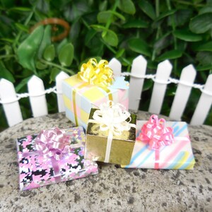 Miniature 1:12 Presents w/ Tiny Bows in Assorted Patterns ~ Spring Fairy Garden & Dollhouse Accessories ~ Easter Diorama Supplies