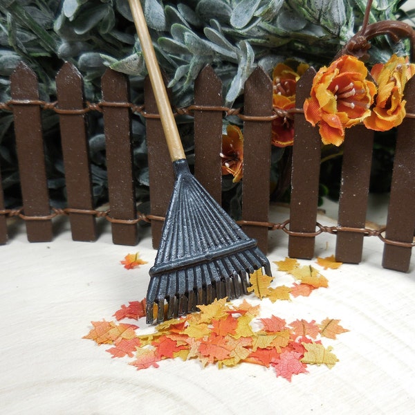 Miniature Rake w/ Fall Leaves ~ Fairy Garden Accessories ~  Fairy Garden Accessories ~ 1:12 Dollhouse Halloween Minis ~ Fall Craft