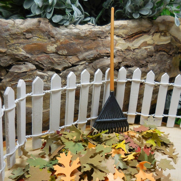 Miniature Rake w/ Mixed Oak & Maple Paper Leaves ~ Fall Fairy Garden and Dollhouse Accessories ~ Thanksgiving Diorama Craft Supplies