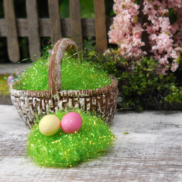 Miniature Green Easter Grass Basket Filler w/ 6 Eggs Option ~ Easter Fairy Garden & Dollhouse Accessories ~ Spring Diorama Craft Supplies