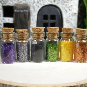 Miniature Glass Glitter Bottles, Dark Orange, Purple, Green, Yellow, Smoke & Black ~ Halloween Fairy and Fall Garden and Dollhouse Crafting