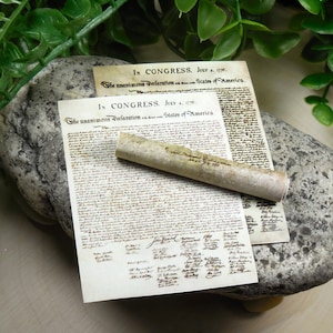 May include: A rolled-up document with the text "IN CONGRESS, July 4, 1776. The unanimous Declaration of the thirteen united States of America." on a gray rock.