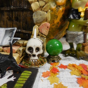 Miniature Skull Candle Centerpiece ~ Halloween Fairy Garden & Dollhouse Accessories ~ Cemetery or Haunted House Diorama Craft Supplies