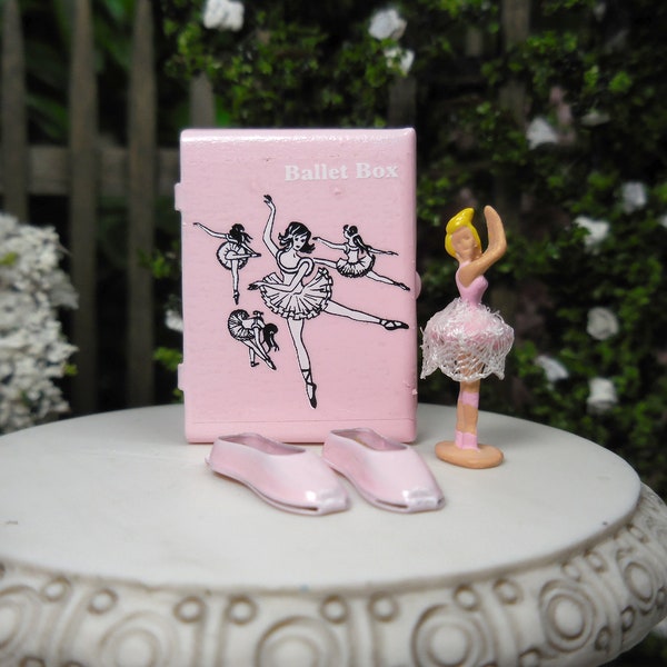 Miniature Pink Ballet Slippers, Tiny Ballerina Doll & Tin Box ~ Christmas Fairy Garden and Dollhouse Accessories ~ Nut Cracker Craft Supply