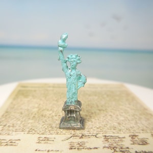 Miniature Statue of Liberty in Aged Brass & Green ~ 4th of July Fairy Garden Accessories ~ Patriotic Dollhouse Craft Supplies