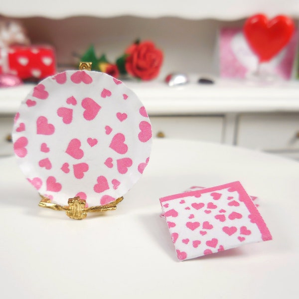 4 PC Mini Pink Scattered Heart Paper Plate & Napkin Set ~ Valentine's Day Fairy Garden and Dollhouse Accessories ~ Miniature Diorama Crafts