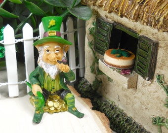 St Patrick's Day Leprechaun Figurine Sitting on Pot of Gold w/ Cane~ Captured Leprechaun Craft Supply ~ Lucky Irish Party Decor