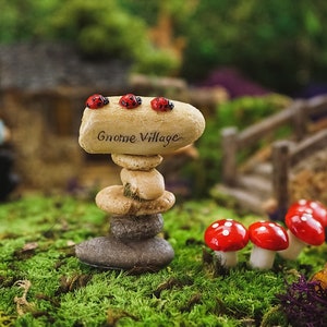 Miniature Gnome Village Rock Sign w/ Ladybugs Figurine ~ Fairy Garden Accessories & Supplies ~ Woodland Home and Garden Décor