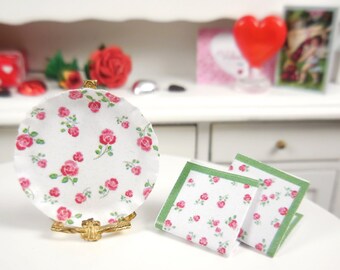 4 PC Mini Scattered Rose Paper Plate & Napkin Set ~ Valentine's Day Fairy Garden and Dollhouse Accessories ~ Miniature Diorama Craft Supply