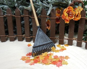 Miniature Rake w/ Fall Leaves ~ Fairy Garden Accessories ~  Fairy Garden Accessories ~ 1:12 Dollhouse Halloween Minis ~ Fall Craft