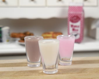 3 PC Miniature Glass of Milk in White, Chocolate, or Strawberry ~ Fairy Garden & Dollhouse Accessories and Supplies