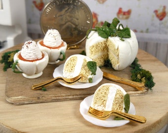 10 PC Fairy Garden White Halloween Pumpkin Spice Cake with Cider ~ Dollhouse Miniatures for Halloween ~ Fall Miniature Garden Accessories